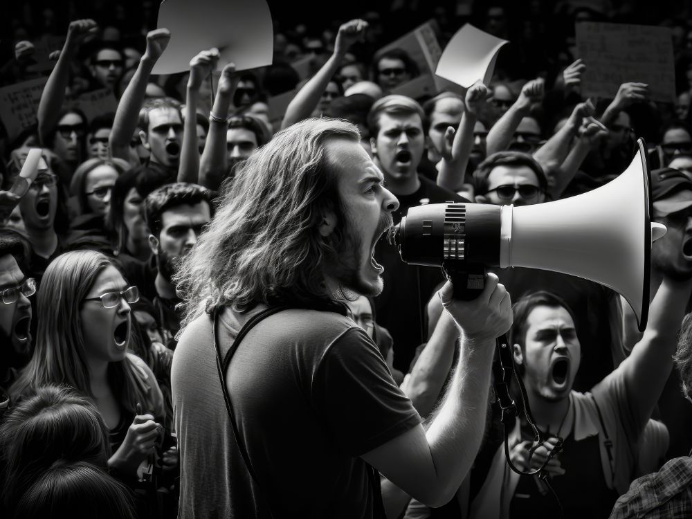 Navigating the Political Landscape Protester With Megaphone Addressing Crowd Supporters