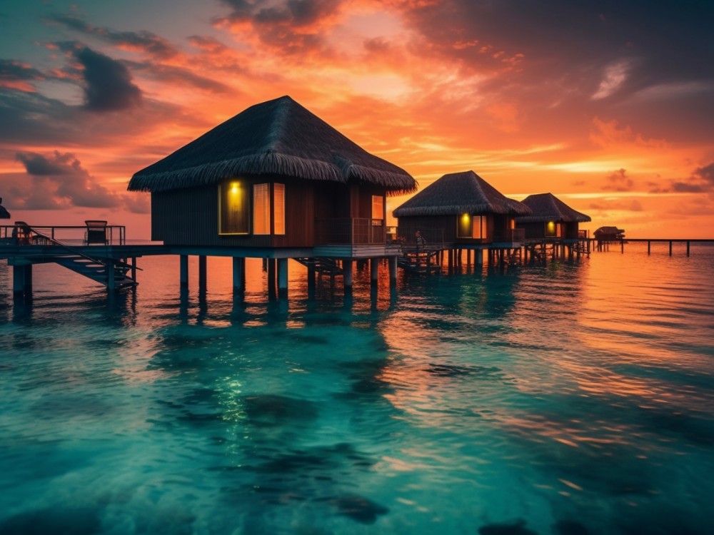 Tales from Extraordinary Travels Tranquil Bungalow Reflection Silhouettes Caribbean Sunset Beauty Generated By Ai1